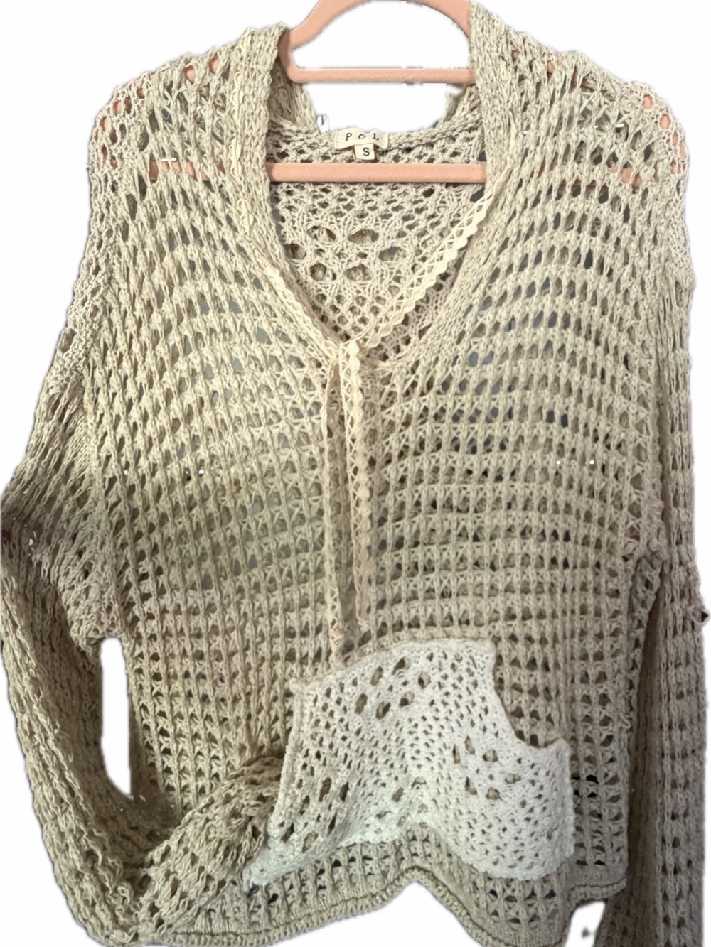 POL Open-Weave Crochet Hoodie in Cream